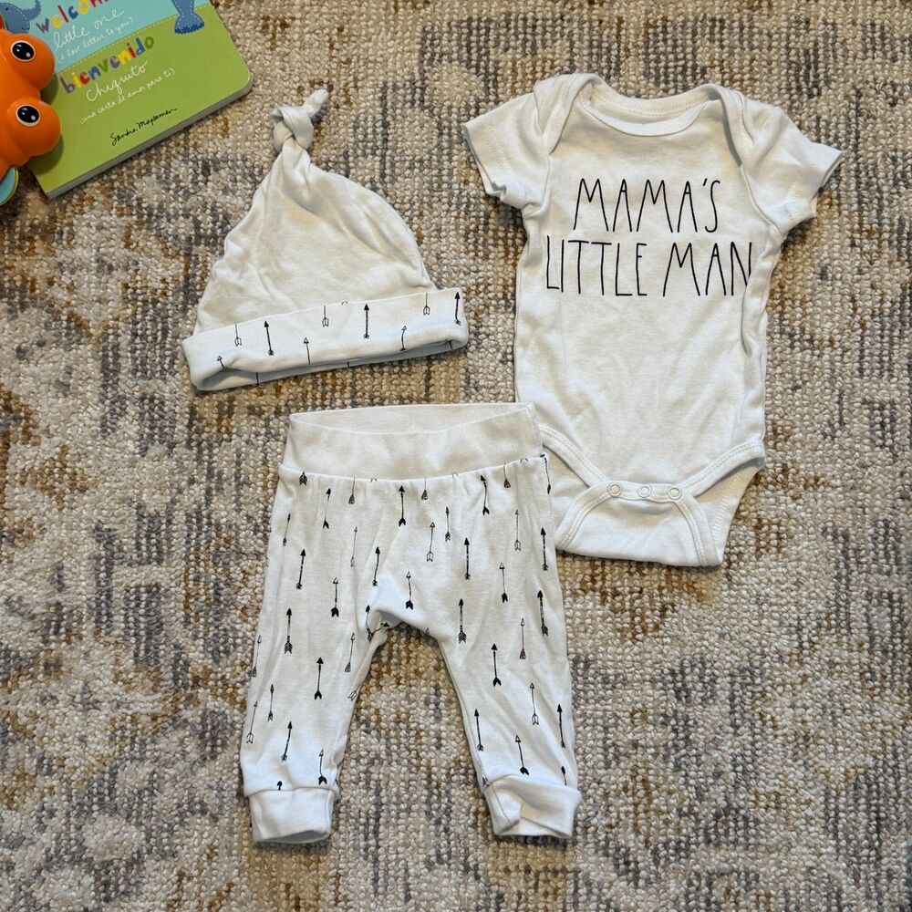 Rae Dunn Baby Boy Mama's Little Man 3pc Outfit Set 0-3M